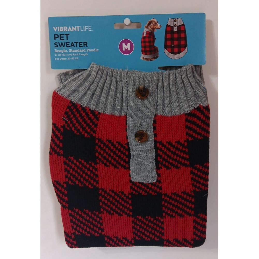 Pet Sweater Lumberjack Plaid M Dog Cat 17 Inch Back Length Vibrant Life‎ READ
